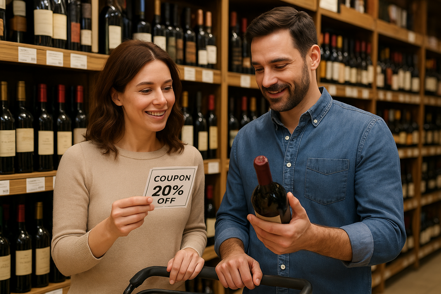 Two wine shoppers considering a bottle and a discount offer