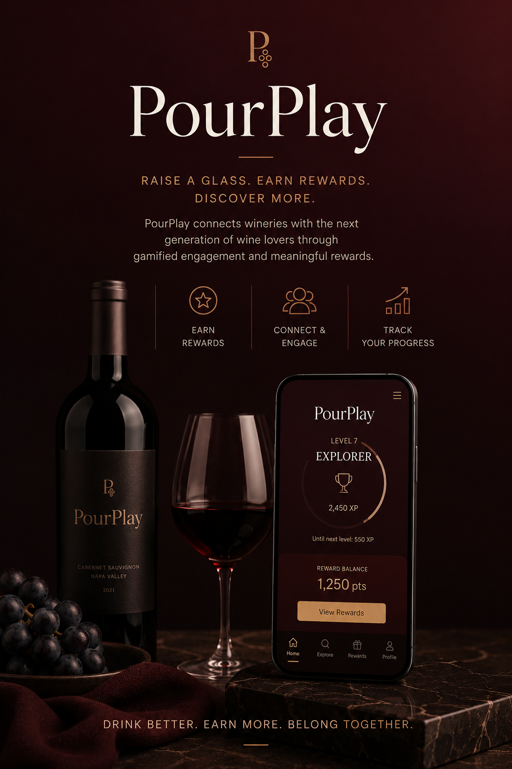 PourPlay mobile rewards experience with wine bottle and glass