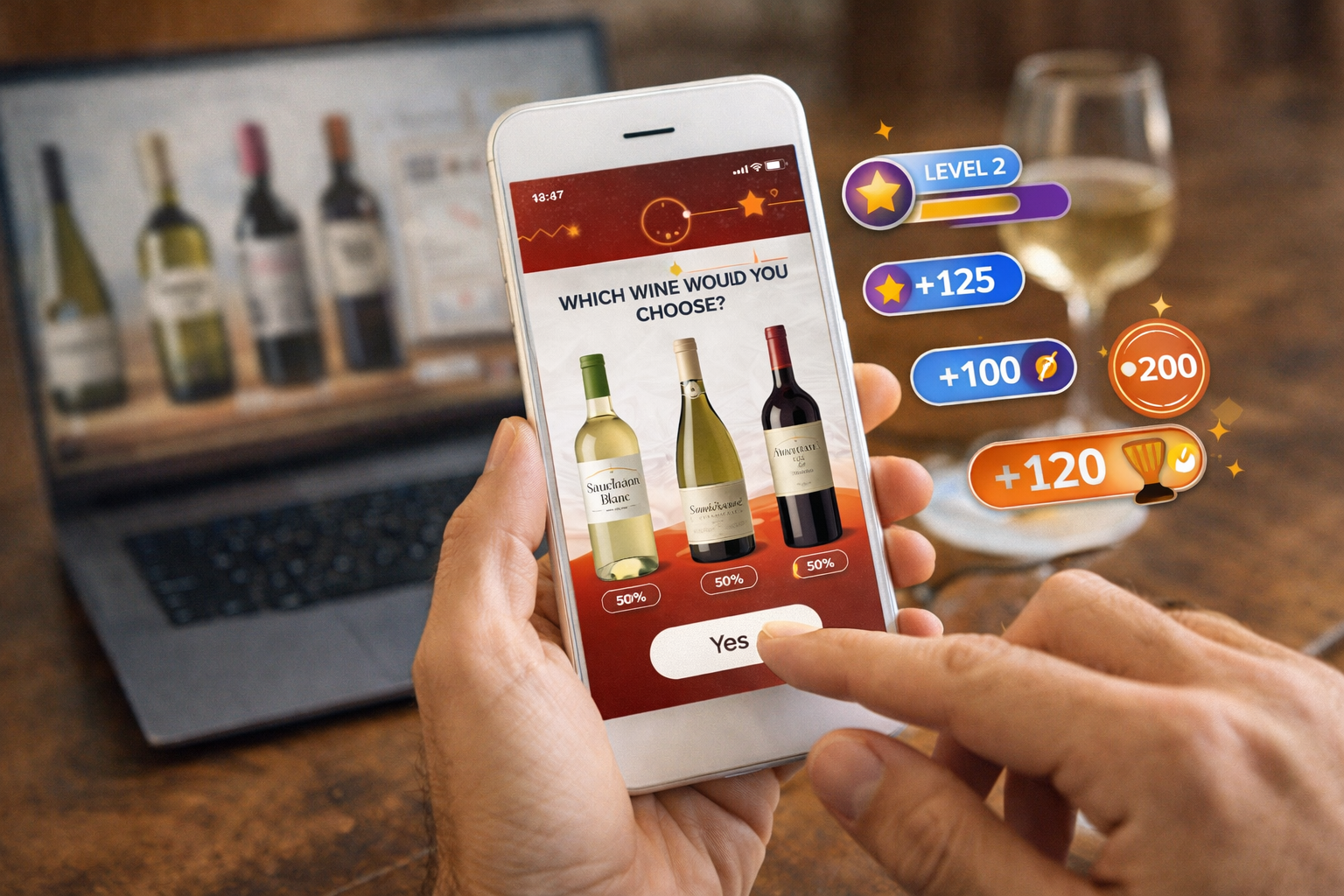 A person exploring different wine choices through a mobile game