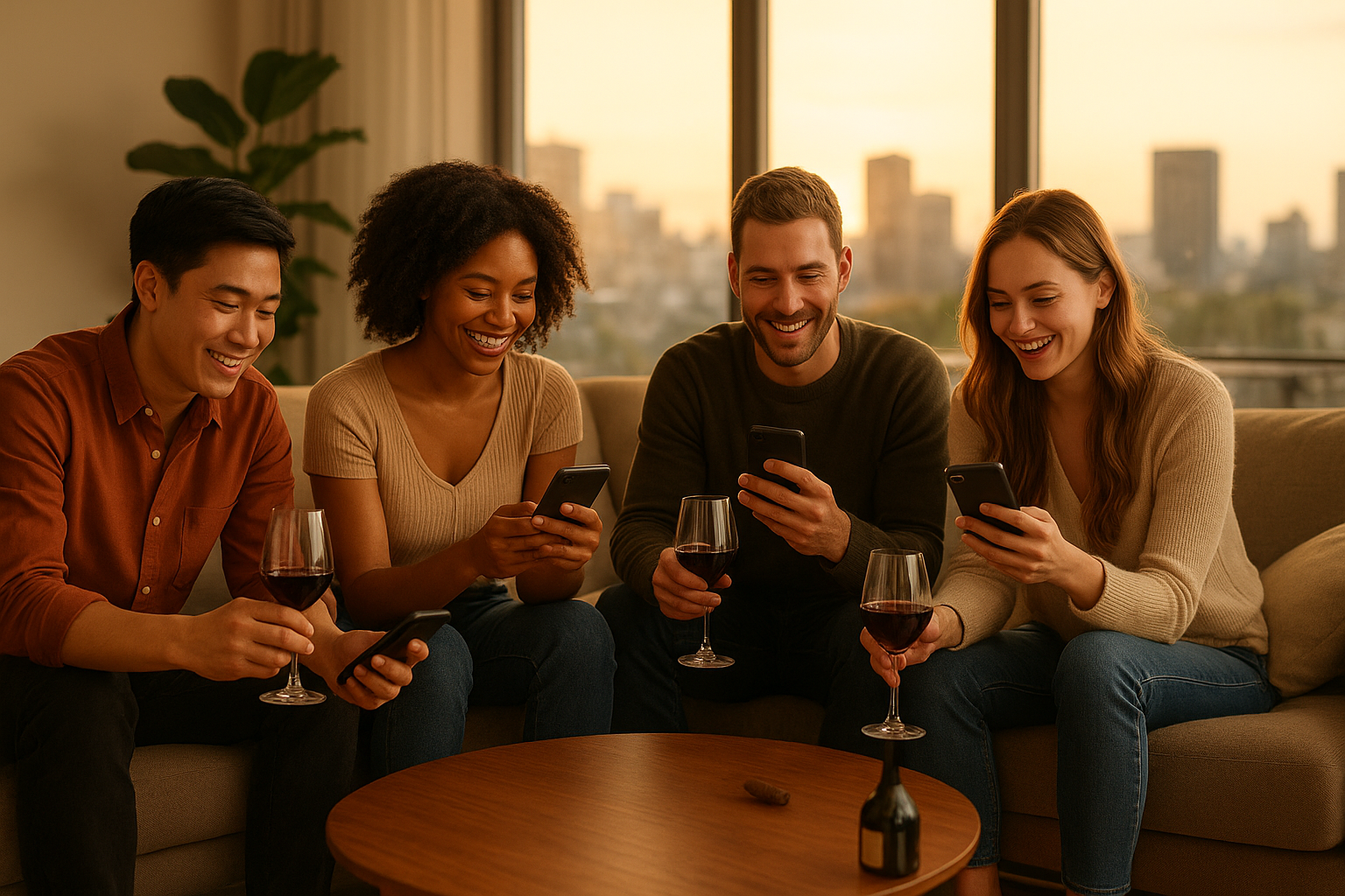 Four friends enjoying wine together in a relaxed living room