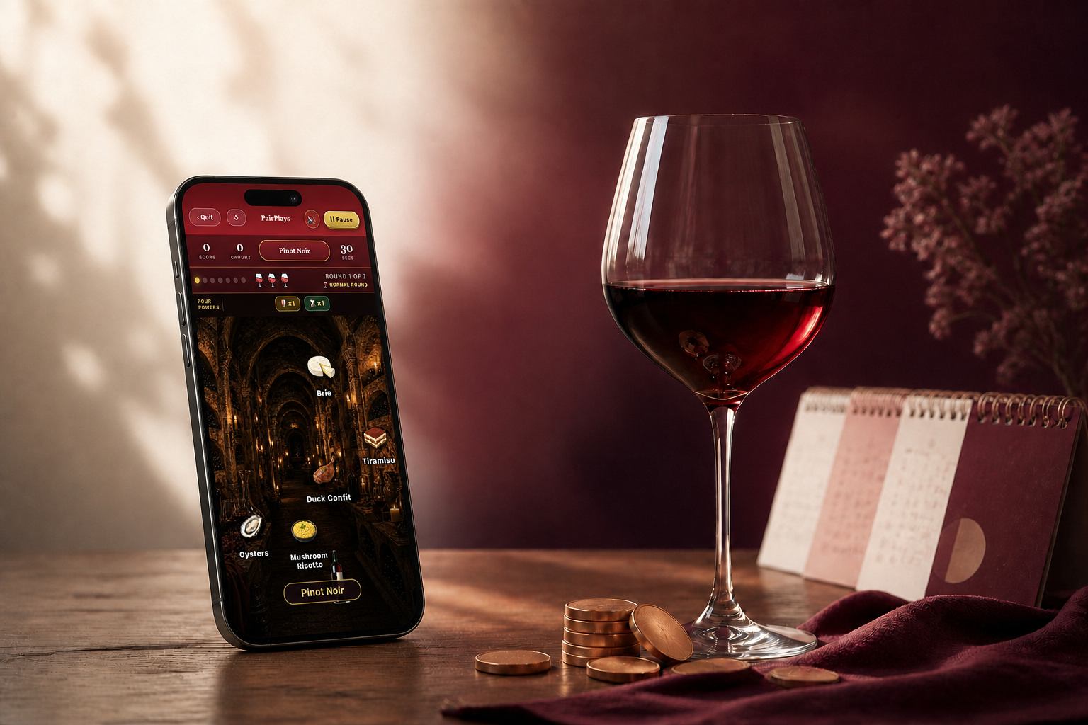 PourPlays welcome promo with the PairPlays game on a phone beside a glass of wine