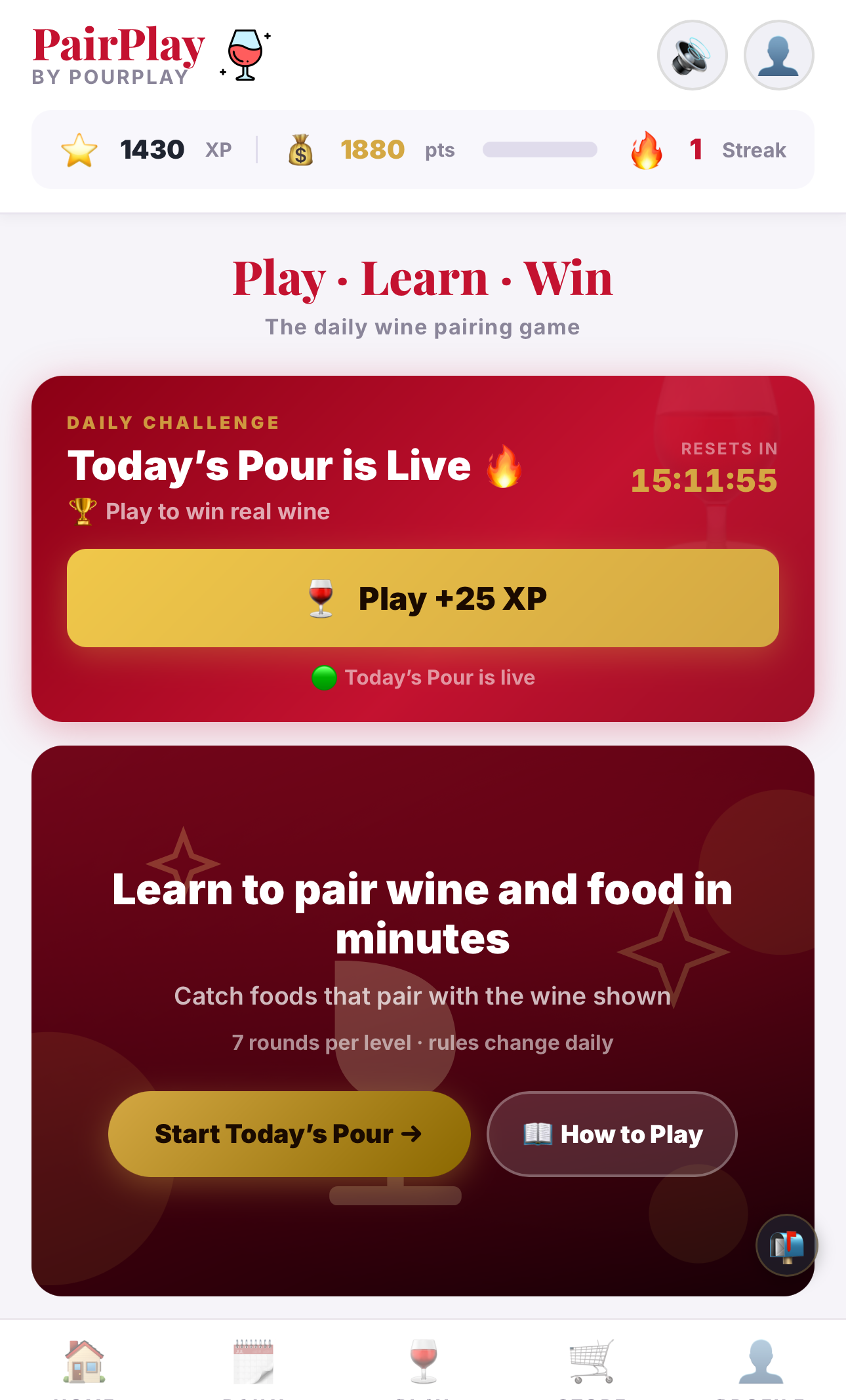 PairPlay mobile game interface showing the daily wine pairing challenge