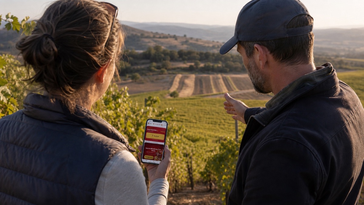 Wine professionals using PairPlays while surveying a California vineyard in transition
