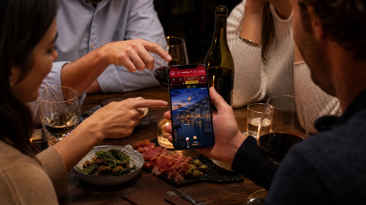 Friends playing the PairPlays wine pairing game together over dinner