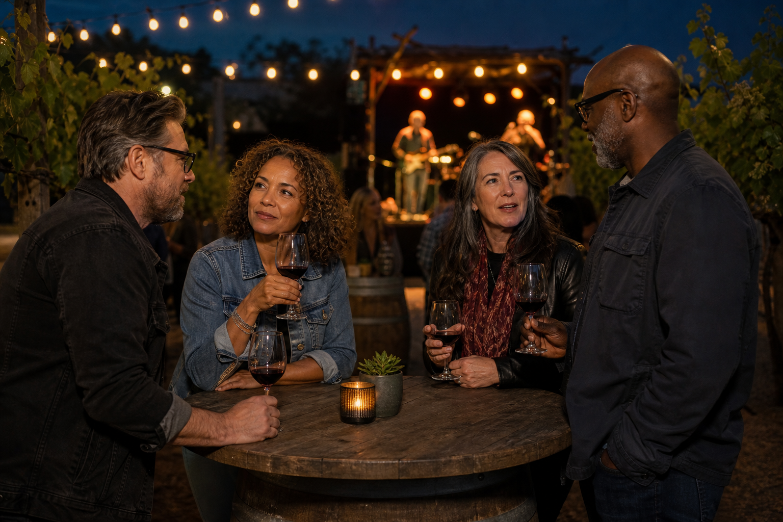Four Gen X adults enjoying wine and conversation at an intimate vineyard concert