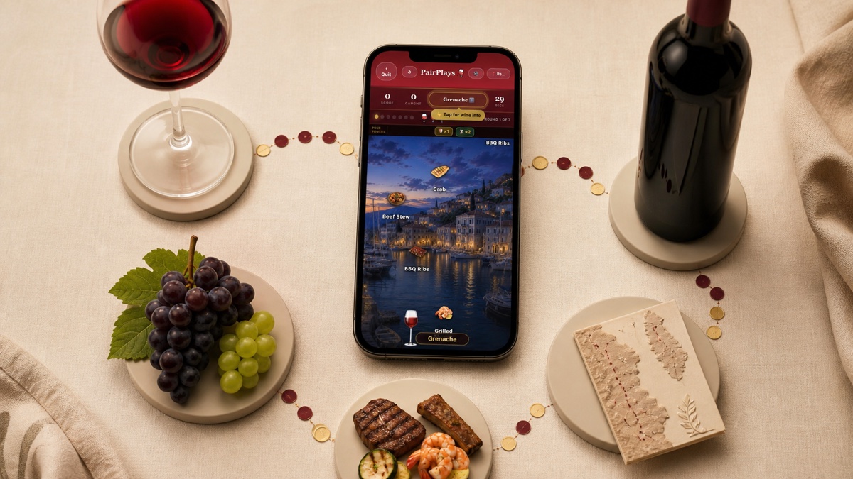 PairPlays learning journey arranged around a phone, grapes, food, and wine