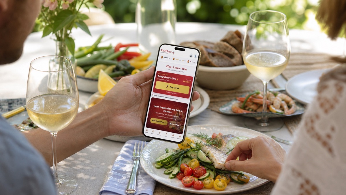 Friends using PairPlays during a bright lunch with dry lower-alcohol wine
