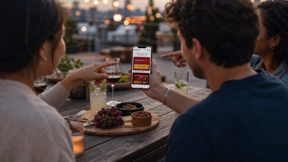 Young adults discovering wine together through PairPlays on a rooftop