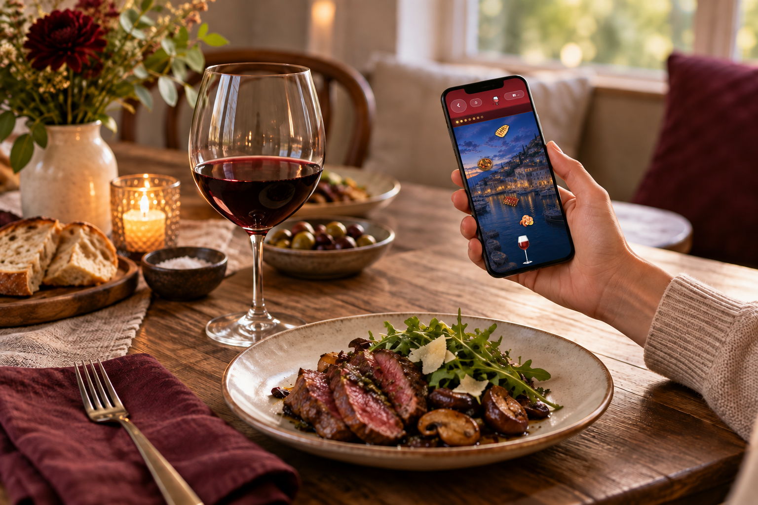 A phone showing a PairPlays food and wine pairing round beside a glass of red wine and dinner