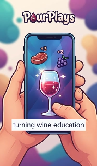 Animated PourPlays phone with wine, food, and grape icons