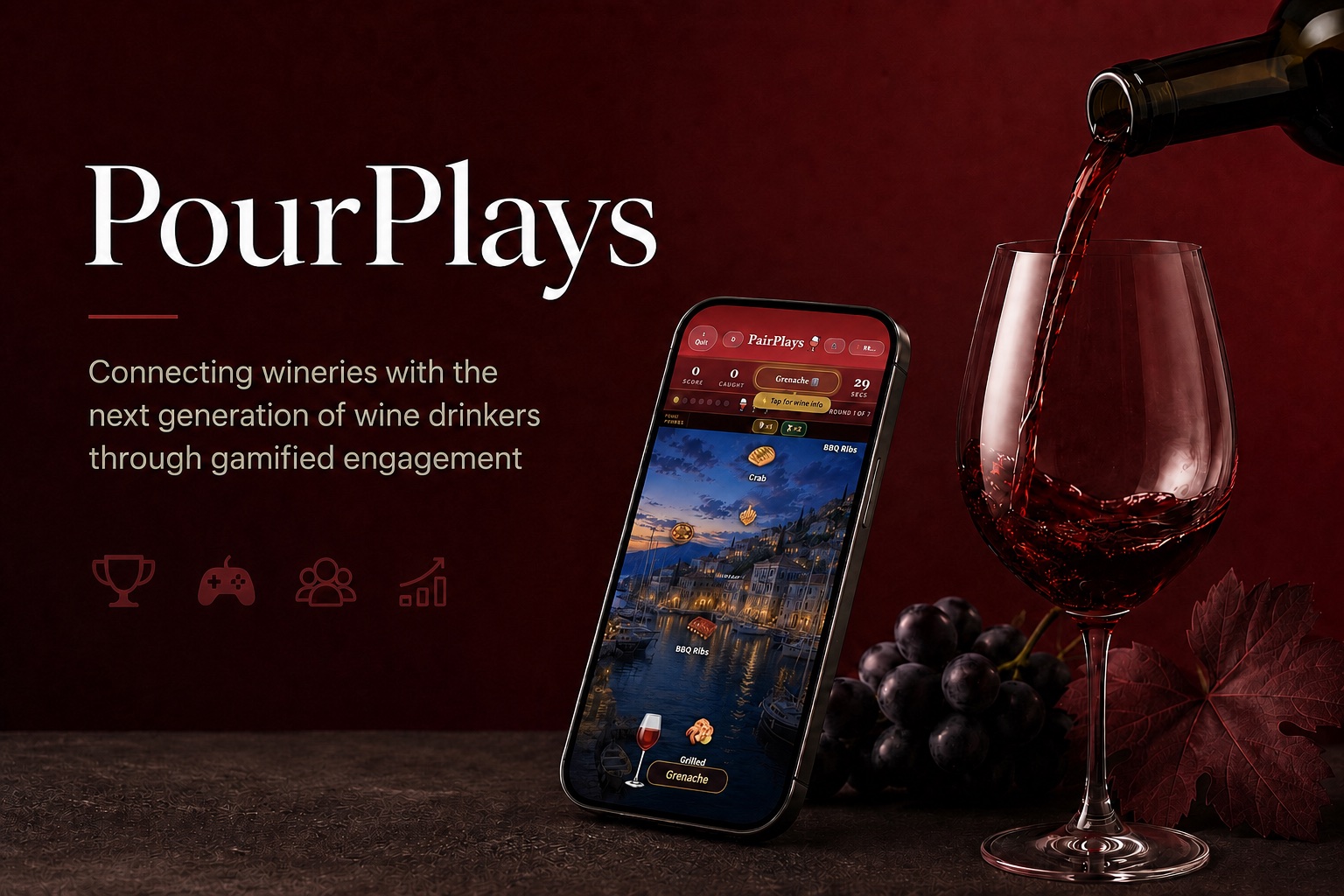 PourPlays launch visual featuring the real PairPlays Grenache pairing game beside a glass of wine