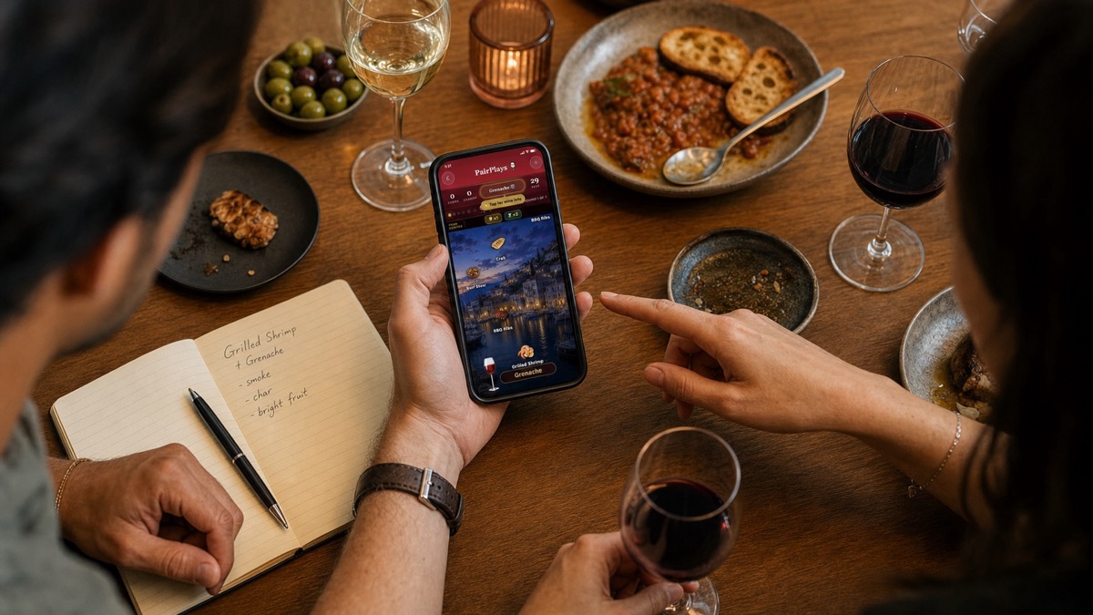 Friends using the PairPlays gameplay screen during a food and wine tasting