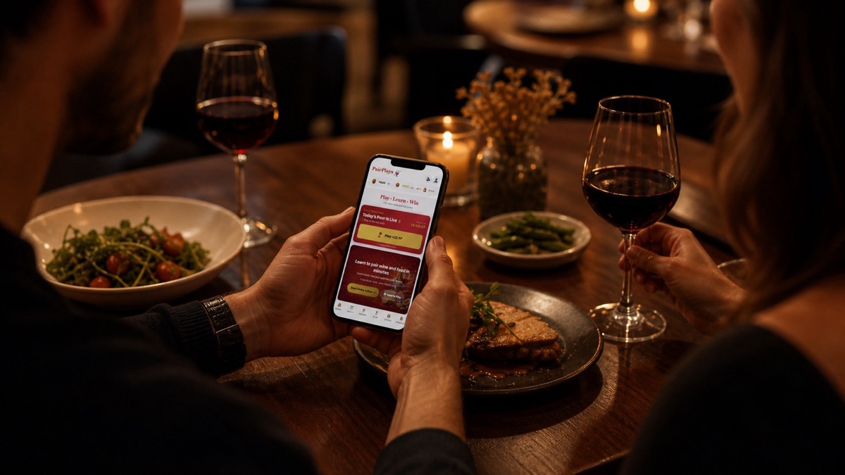 Two people using PairPlays alongside food and wine at a restaurant table