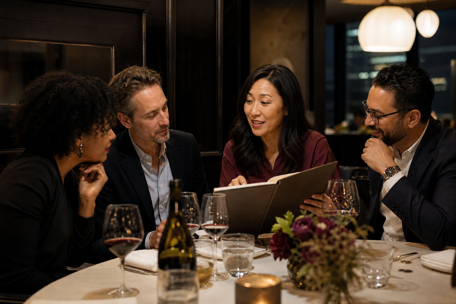 Four adult professionals choosing wine together from a wine list during a restaurant business dinner