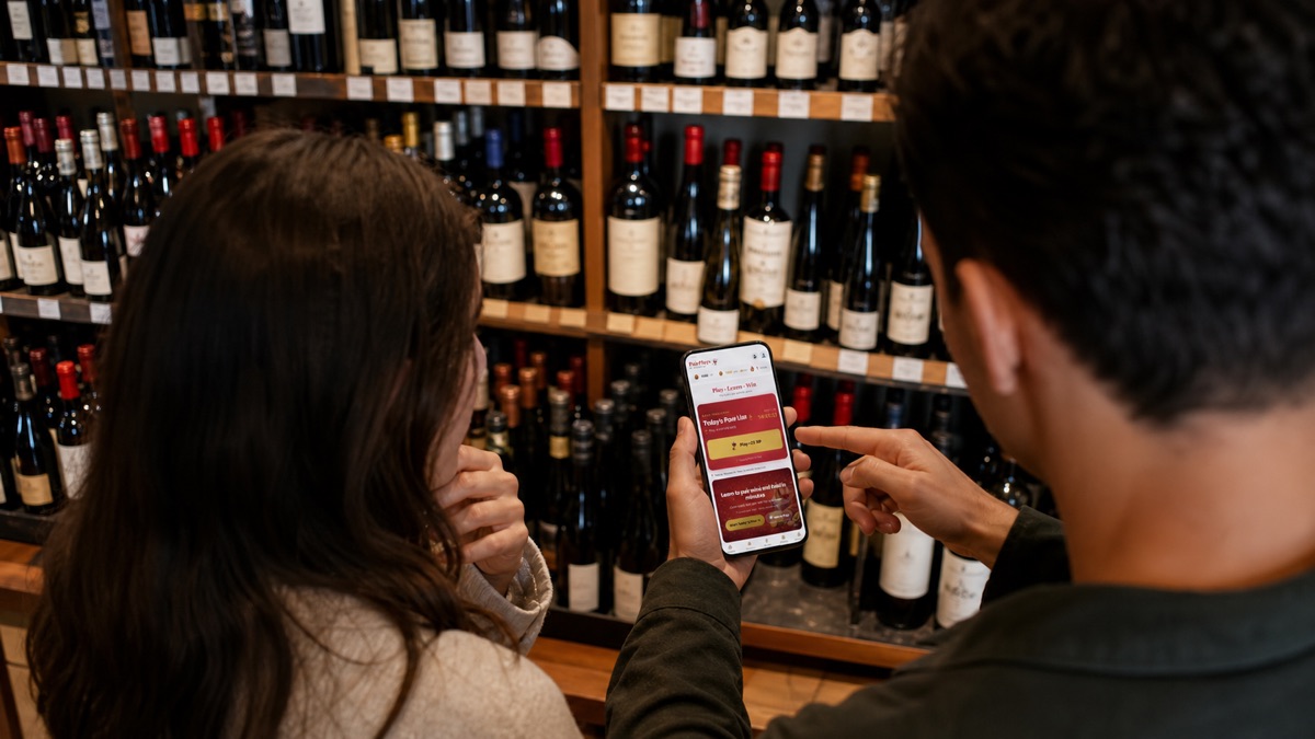 Two shoppers using PairPlays to make a wall of wine choices feel approachable
