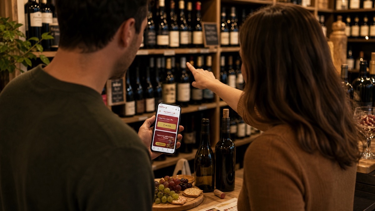 Two people using PairPlays while choosing wine in a neighborhood shop