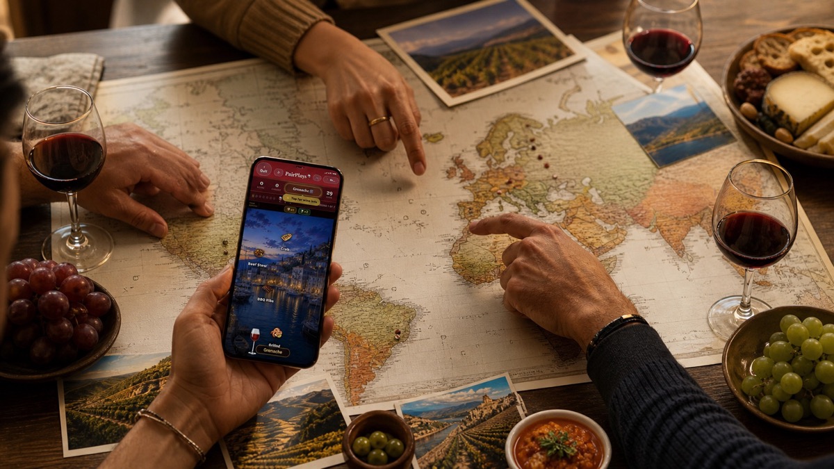 Friends exploring an expanded world wine map with PairPlays