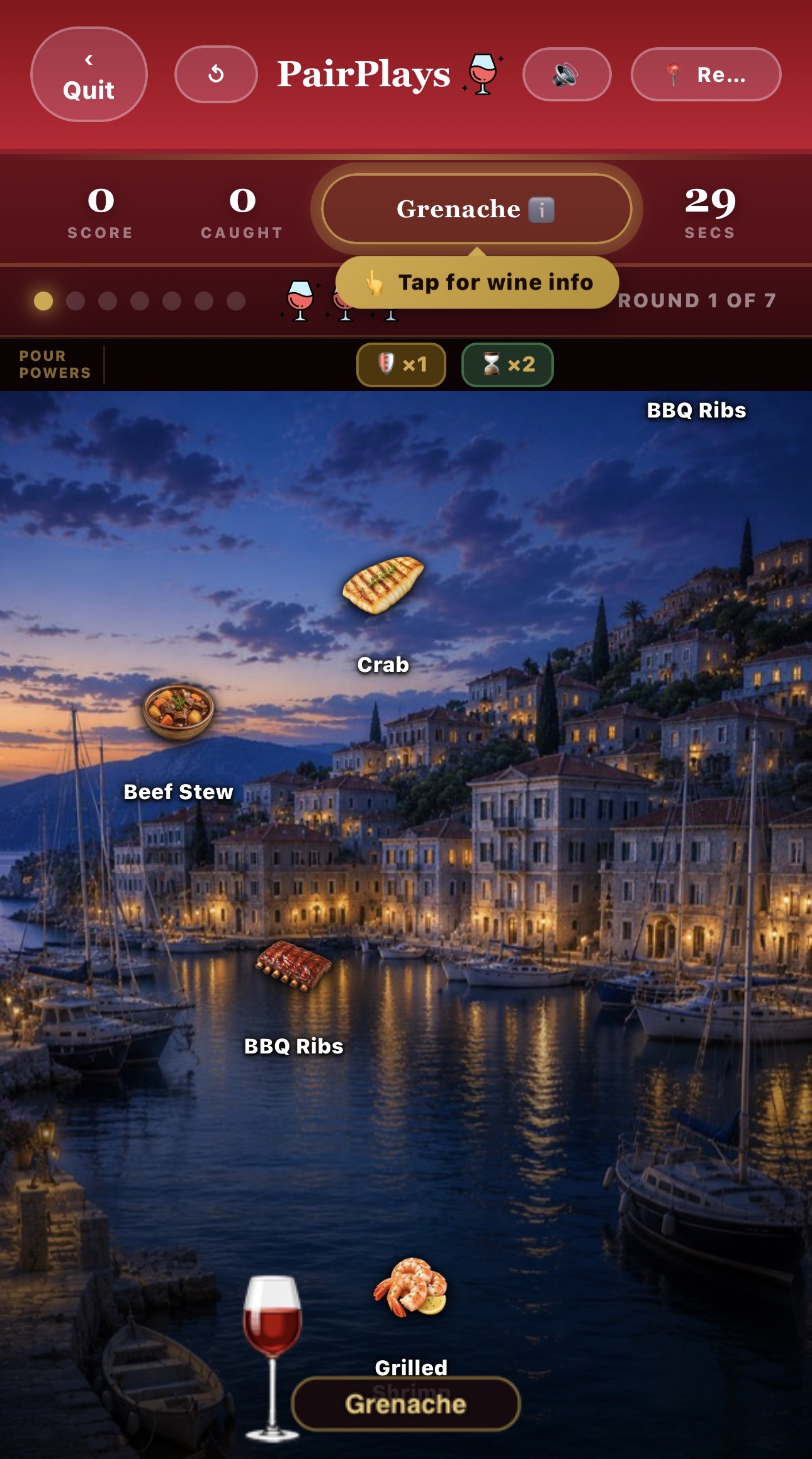 PairPlays gameplay screen with Grenache, timer, foods, and pairing challenge.