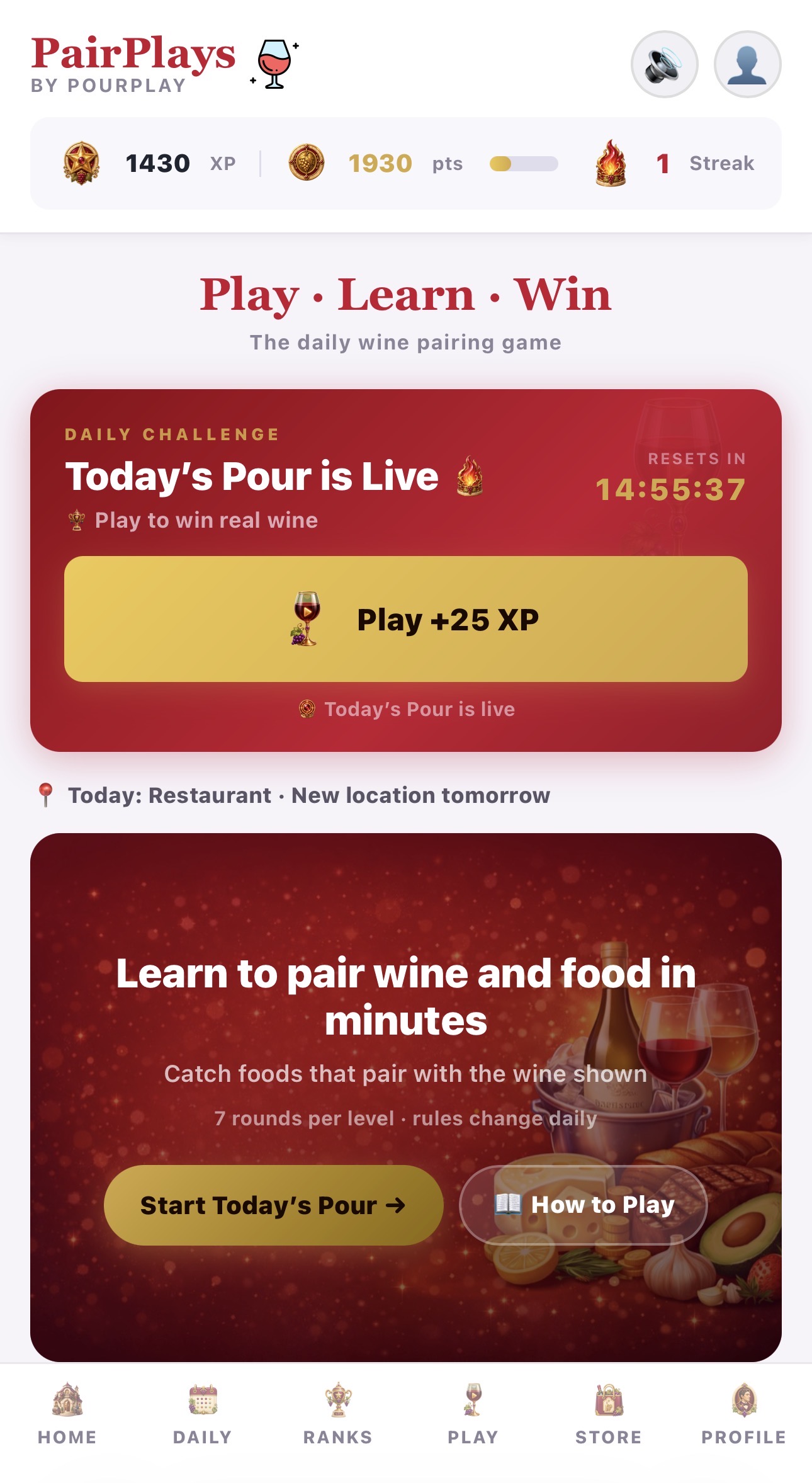 PairPlays home screen with today's pour challenge, points, streak, and navigation.