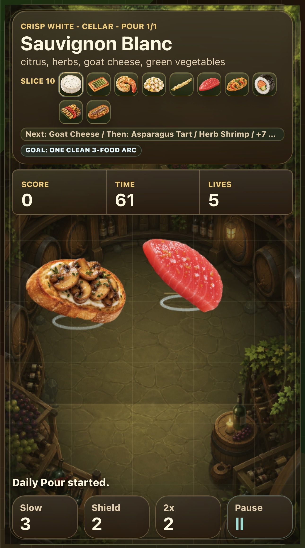 PairPlays Slice development screen with Sauvignon Blanc, food arc goal, score, time, lives, and power buttons.