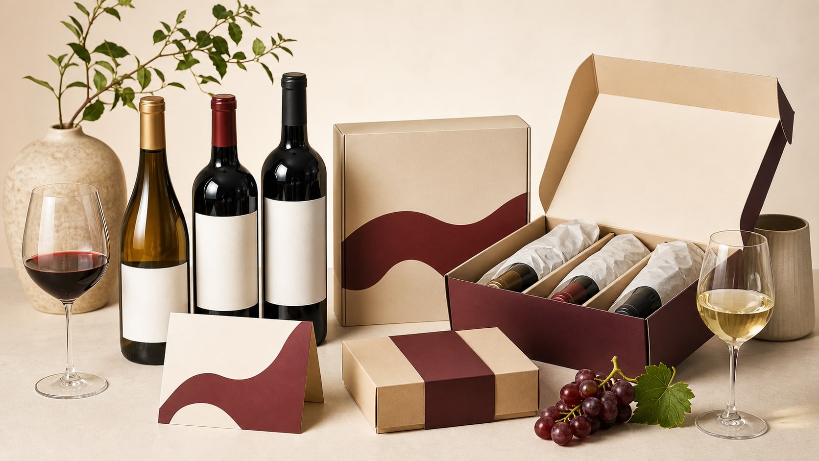 Curated partner wine collection with bottles, gift boxes, and tasting glasses
