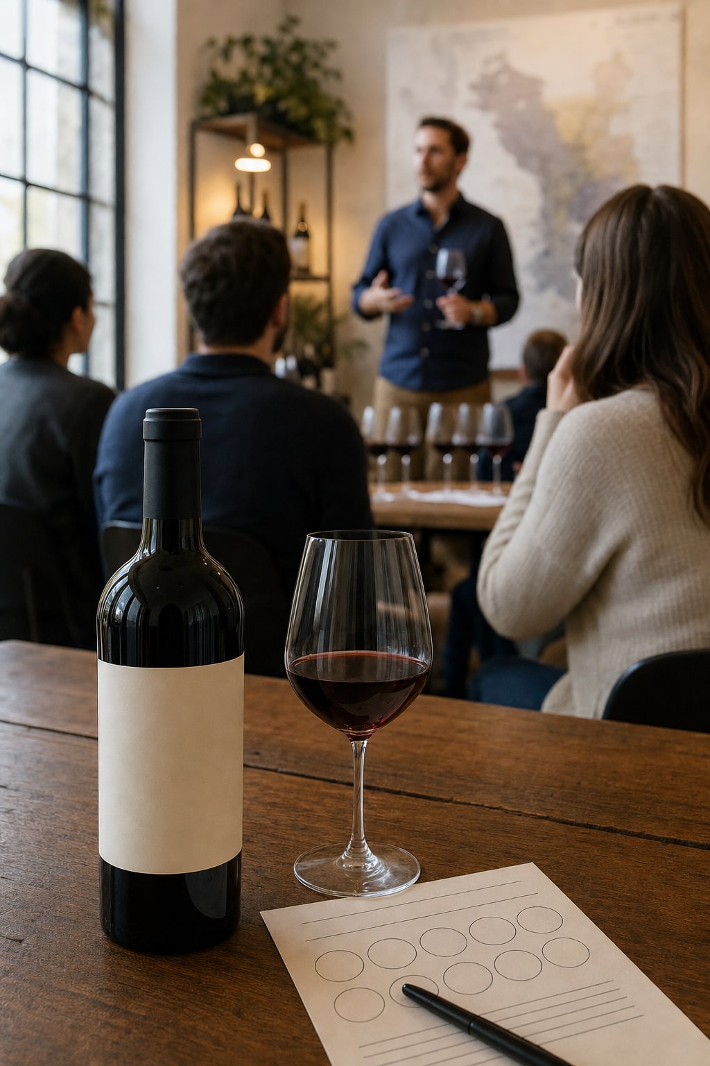 Wine education tasting workshop with bottle, glass, and tasting notes