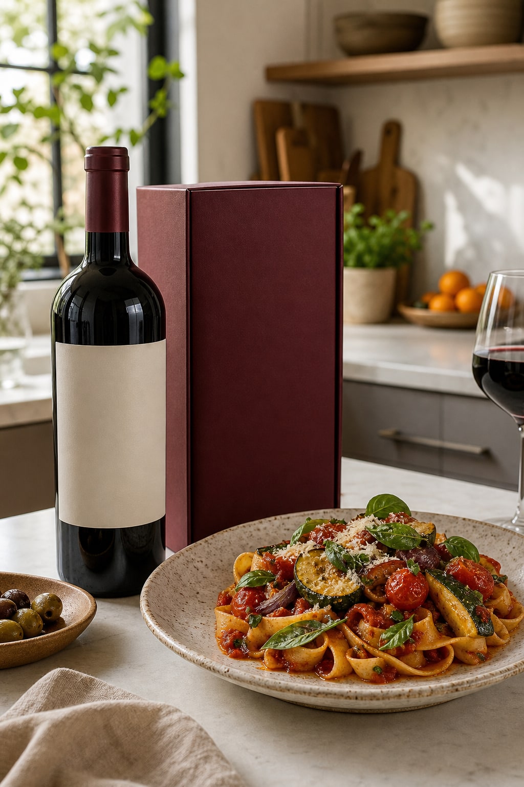 Partner wine bottle, recipe box, and plated pasta pairing