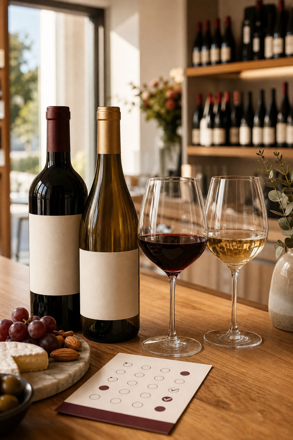 Wine bottles and tasting glasses in a boutique partner retail setting