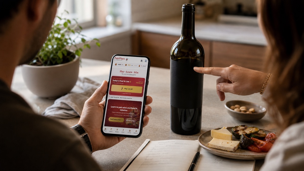 Two adults using the newer PairPlays Today’s Pour screen to explore a wine bottle together